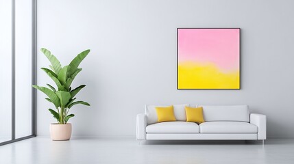Bright and modern living room, white sofa with colorful accents, large potted plant, vibrant wall art, open space, clean design, natural light, contemporary interior, copy space

