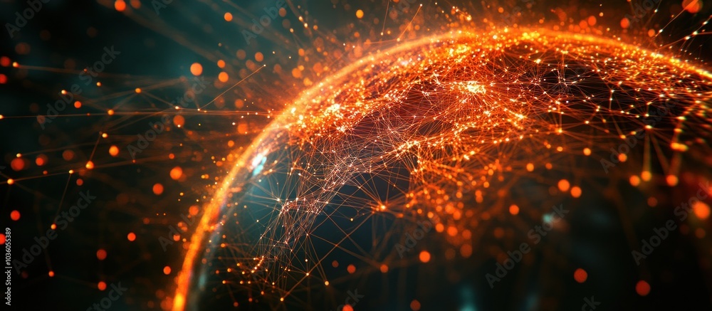 Sticker abstract glowing orange sphere connected by lines and dots representing digital technology, network,