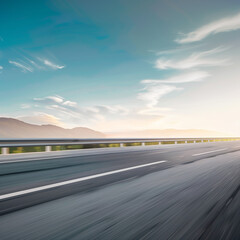 Fototapeta premium Highway, car background with motion blur, mountains with blue sky and white clouds background, horizontal composition, horizontal road, asphalt surface, wide-angle lens, natural light, modern style,