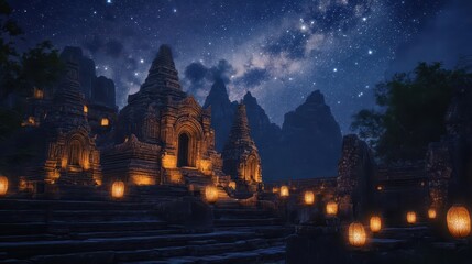 An ancient temple adorned with lanterns, with a clear night sky filled with stars above