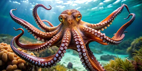 Obraz premium Close-Up of an Octopus with Blue Eyes in the Ocean, Underwater Photography, Cephalopod, Marine Life, Ocean