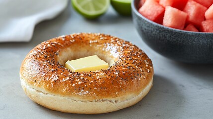 A toasted bagel with butter, placed on a concrete table, with a bowl of minimalist-cut watermelon cubes and a single lime in the background