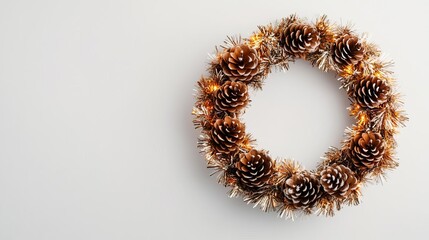 Tinsel around a holiday wreath with pinecones, rustic charm, natural festive decor