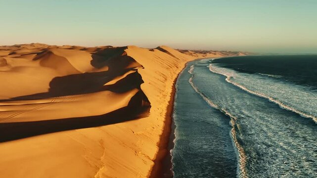 Aerial drone view of the ocean shore beaches next to the Namib dunes on a beautiful day of adventure at sunset, Namibia, Africa