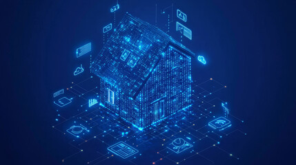 A blue background shows a house made of numbers, connected to icons of smart home devices. This image represents how smart technology controls your home, with everything connected to the internet.