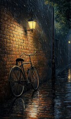 Bicycle parked under streetlight, raining at night.