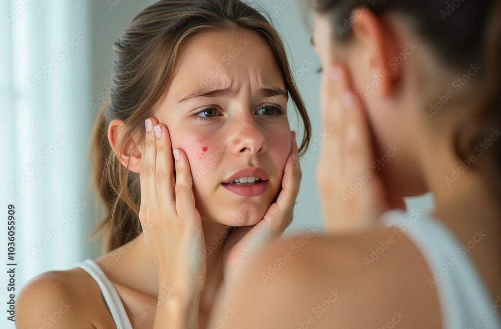 Wall mural A teenager of 12-14 years old looks in the mirror at a face with pimples and acne, upset. Transitional age, teenage problems