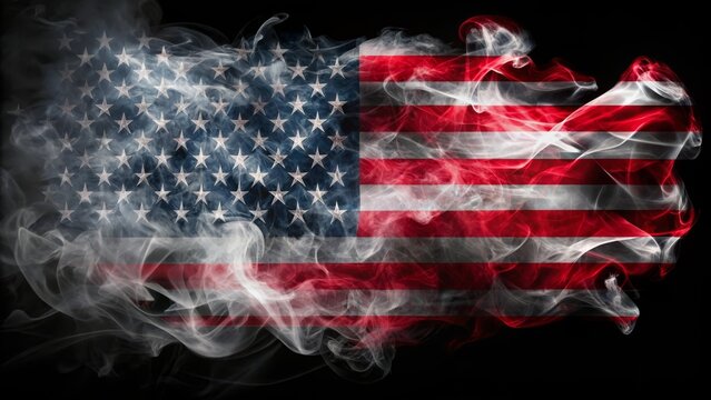 The american flag is waving and blending with colorful smoke on a black background