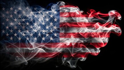 The american flag is waving and blending with colorful smoke on a black background