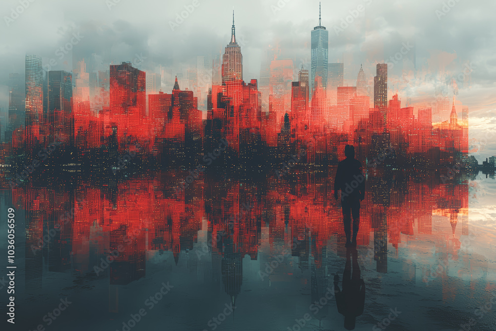 Poster a city skyline that flickers between different versions of itself, symbolizing the unstable nature o