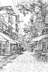 Monochrome drawing of a city street with tables, chairs, buildings, trees, and electricity poles. The road surface is intricately detailed, capturing the essence of a city event in art
