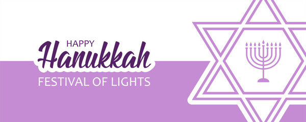 Text Happy Hanukkah, festival of lights, star of David and candelabrum on white and purple background. Festive banner design for Jewish festival Hanukkah.
