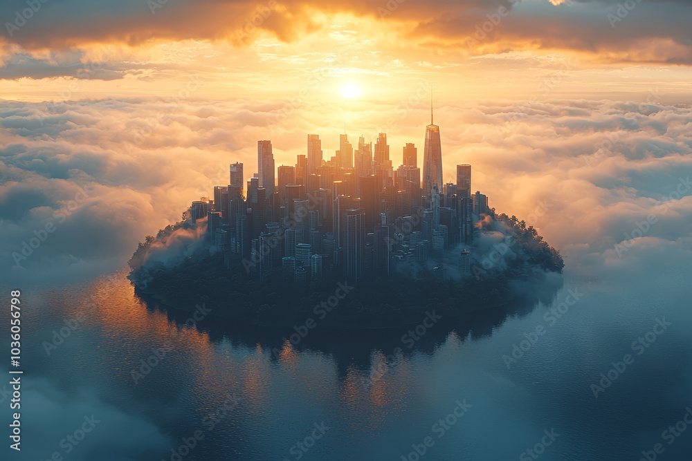 Poster a city floating in the clouds of a parallel universe, symbolizing the infinite possibilities of alte
