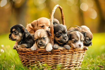 Basket full of puppies is sitting on the grass. The puppies are of different sizes and colors, and they are all looking up at the camera. The basket is placed on a green field