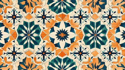 Fototapeta premium An orange, blue, and green pattern appears on a white and green background, featuring a central cross