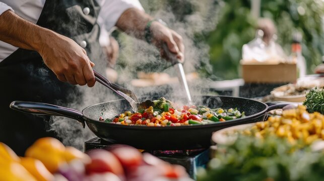 A chef demonstrating how to prepare vegetarian dishes on stage during a festival cooking show