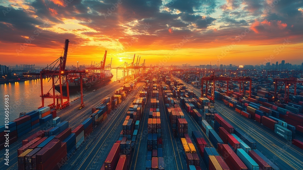 Poster the sun sets over a busy port, illuminating cargo containers stacked high. cranes tower in the backg
