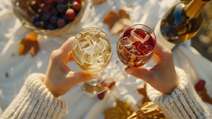 Cozy autumn, Elegant Picnic Wine Toast with Grapes 
