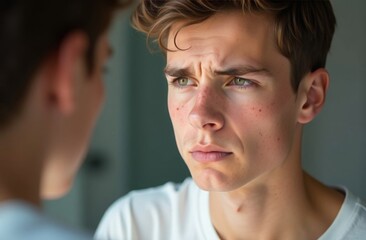 Fototapeta premium A teenager of 12-14 years old looks in the mirror at a face with pimples and acne, upset. Transitional age, teenage problems