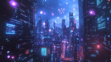 A futuristic cityscape at dusk with neon lights illuminating a complex network of nodes and connections, representing the vast scope of big data analytics.