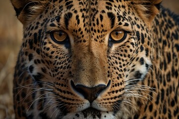 Obraz premium Close-up of a leopard's face with striking eyes, intense focus and detailed fur pattern, wild animal portrait, copy space
