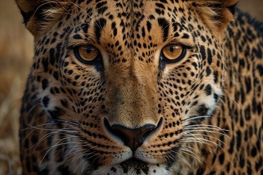 Close-up of a leopard's face with striking eyes, intense focus and detailed fur pattern, wild animal portrait, copy space