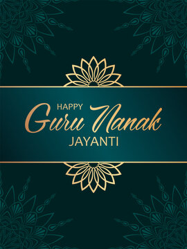 Golden text Happy Guru Nanak Jayanti and abstract mandala decorations on green background. Festive design for greeting card, banner or poster for birthday of Guru Nanak Gurpurab.