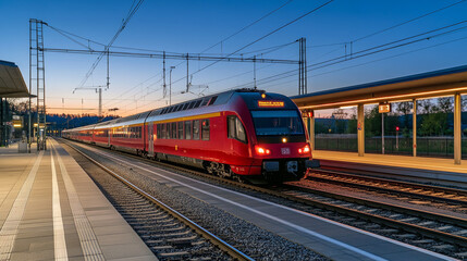Naklejka premium A bright red passenger train speeds into a station platform. The sky is clear and blue, as the sun sets. This modern train represents a key part of Austria's transportation system.