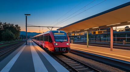 A bright red passenger train speeds into a station platform. The sky is clear and blue, as the sun sets. This modern train represents a key part of Austria's transportation system.