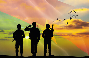 Silhouette of a soldier with a background of the Burkina Faso flag and a sunset or sunrise. Concept of national holidays. Commemoration Day.