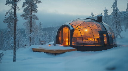 Illuminated glass igloo in snowy Finnish forest at dusk, winter wonderland