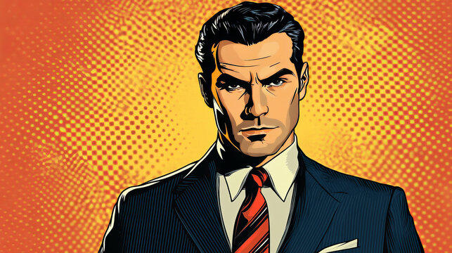 A businessman, dressed in a suit, looks ironic and professional.  The style is retro and reminiscent of pop art.