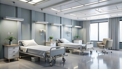 Modern private hospital room interior with two empty beds, large window and comfortable armchair, ready to receive patients