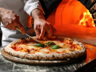 Close-Up of Chef Preparing Traditional Italian Pizza in a Wood-Fired Oven