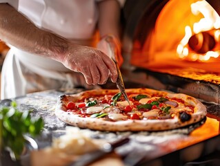 Close-Up of Chef Preparing Traditional Italian Pizza in a Wood-Fired Oven