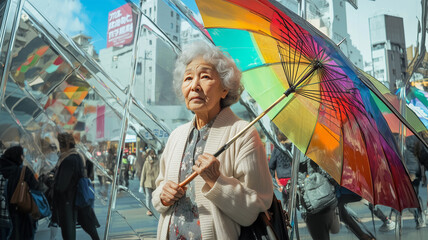 賑やかなショッピング街に立つ年配女性と虹色の傘