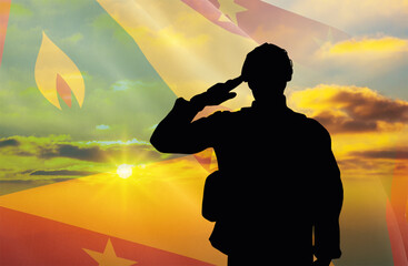 Silhouette of a soldier with a background of the Grenada flag and a sunset or sunrise. Concept of national holidays. Commemoration Day.