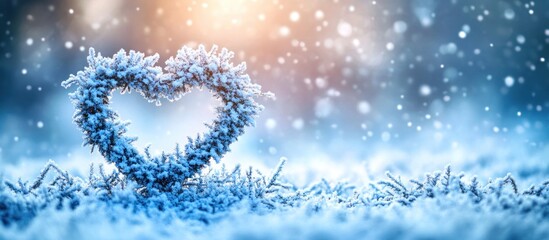 A heart shape formed by frosted branches, snow falling, with a warm, hazy glow in the background.