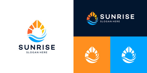 sunrise logo design. Abstract sun with ocean beach nature design graphic symbol icon vector.