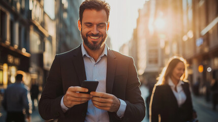 Fototapeta premium A businessman in a suit, walking in the city, checks his phone with a smile. He looks confident and successful as he browses the web in the warm sunshine. Other office workers pass by.