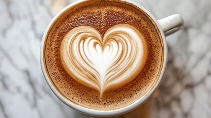  A zoomed-in photo of a mug with a heart design etched into the crema atop it