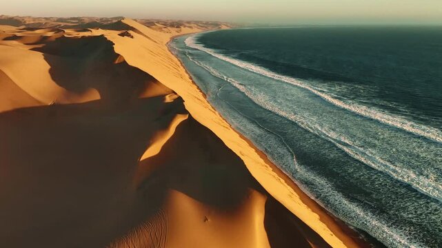 Aerial drone view of the ocean shore beaches next to the Namib dunes on a beautiful day of adventure at sunset, Namibia, Africa