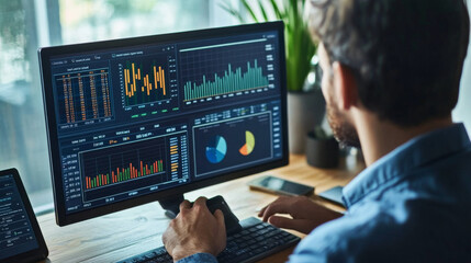 Naklejka premium A businessman is using a dashboard to track his company's performance. The dashboard shows graphs and numbers that represent key financial information, like earnings, operations, and sales.