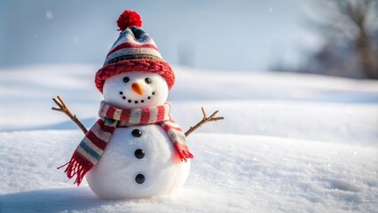 Fototapeta premium Snowman wearing a red hat and striped scarf standing in a snowy landscape