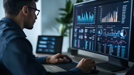 A businessman is using a dashboard to track his company's performance. The dashboard shows graphs and numbers that represent key financial information, like earnings, operations, and sales.