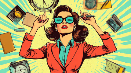 A busy businesswoman juggling multiple tasks, showing the importance of good time management for business success. The image is set in a retro office, with a pop art style.