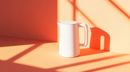 A minimalist white electric kettle on a bright orange surface, framed by soft pastel colors and geometric shadows