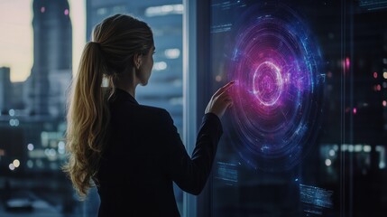 Businesswoman clicking IA hologram on display. Business office center with Artificial intelligence. Database, big data and information technology.