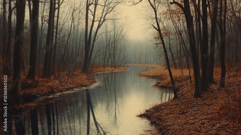 Poster the image shows a calm river meandering through a dense forest. the trees are bare, their branches r