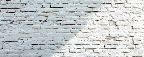 Old white brick wall background, wide panorama of masonry, Generative AI